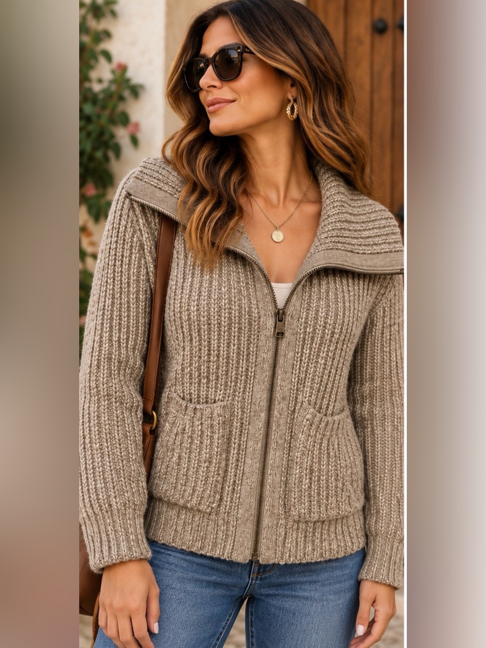 LRL Lauren Jeans Co Ralph Lauren M Chunky Knit Zip Cardigan Sweater Taupe